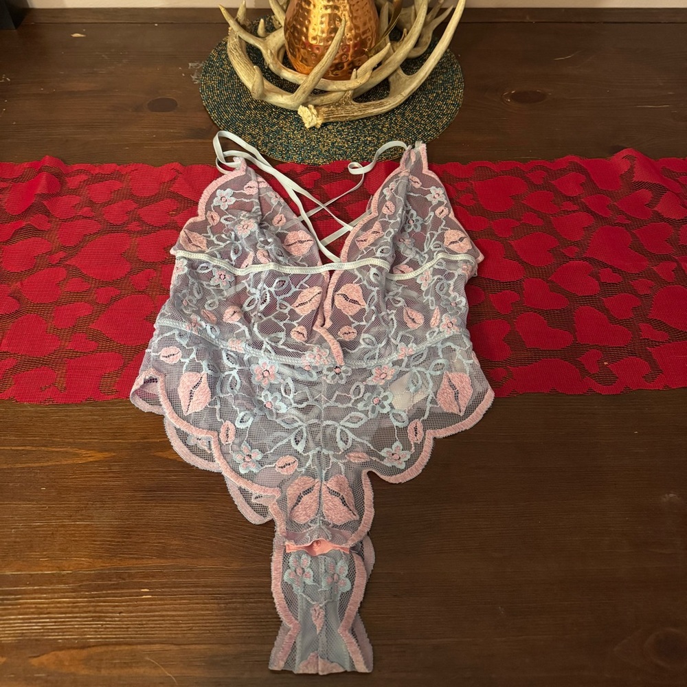 Elegant Lace Bodysuit in Pink and Blue